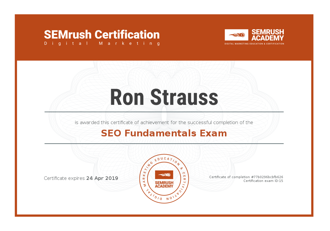 Ron Strauss SEMrush Academy Certificate SEO